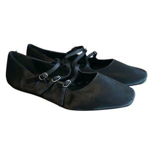 Zara Black Satin Maryjane Ballet Flats US 10 Triple Strap Flexible Travel Shoes